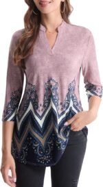 Boho Floral 3/4 Sleeve Notch V-Neck Top - Image 19