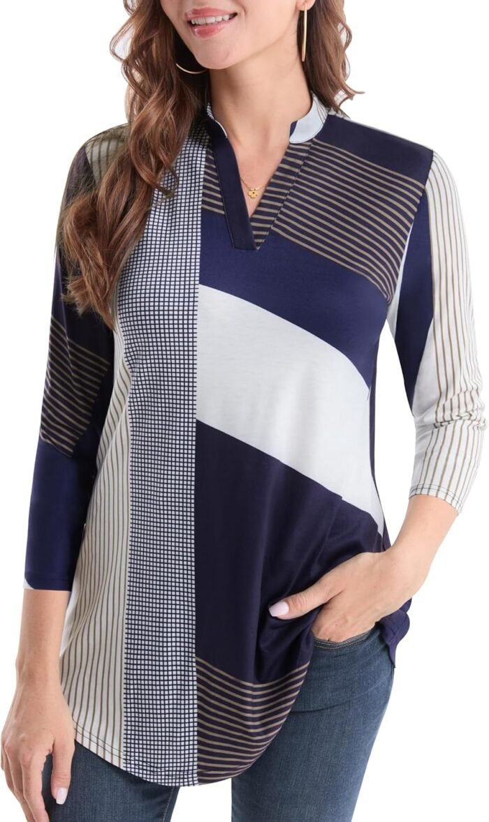 Boho Floral 3/4 Sleeve Notch V-Neck Top - Image 22