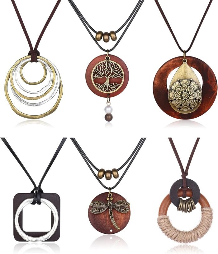 Boho Wooden Pendant Necklace Set – 6 Pcs - Image 1