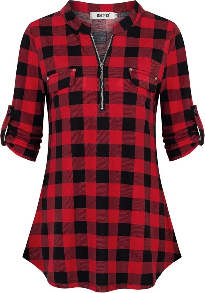 Chiffon Zip V-Neck Tunic – 3/4 Sleeve