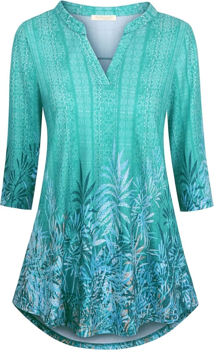 Boho Floral 3/4 Sleeve Notch V-Neck Top - Image 31