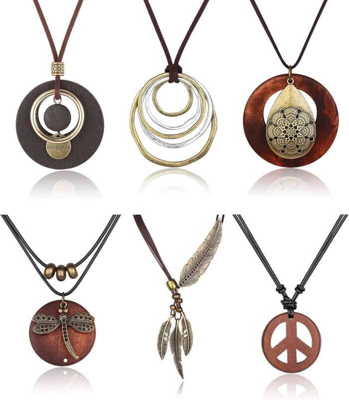Boho Wooden Pendant Necklace Set – 6 Pcs - Image 9