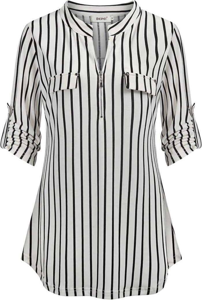 Chiffon Zip V-Neck Tunic – 3/4 Sleeve