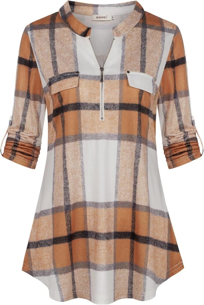 Chiffon Zip V-Neck Tunic – 3/4 Sleeve