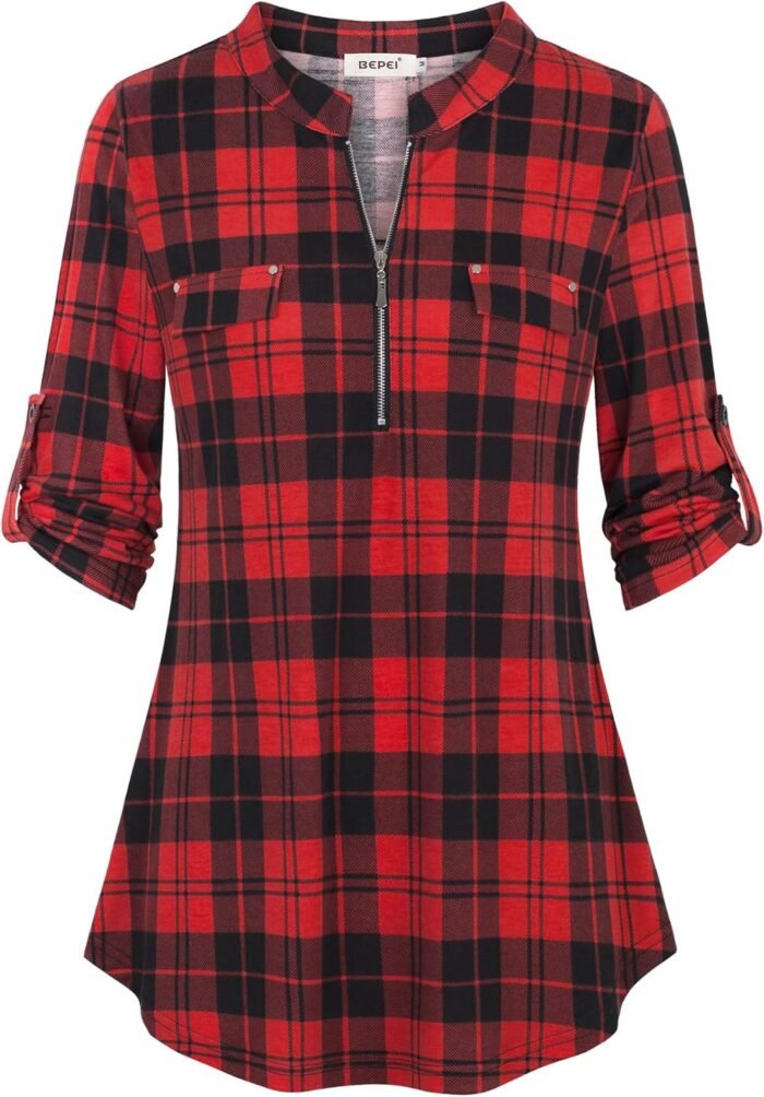 Chiffon Zip V-Neck Tunic – 3/4 Sleeve