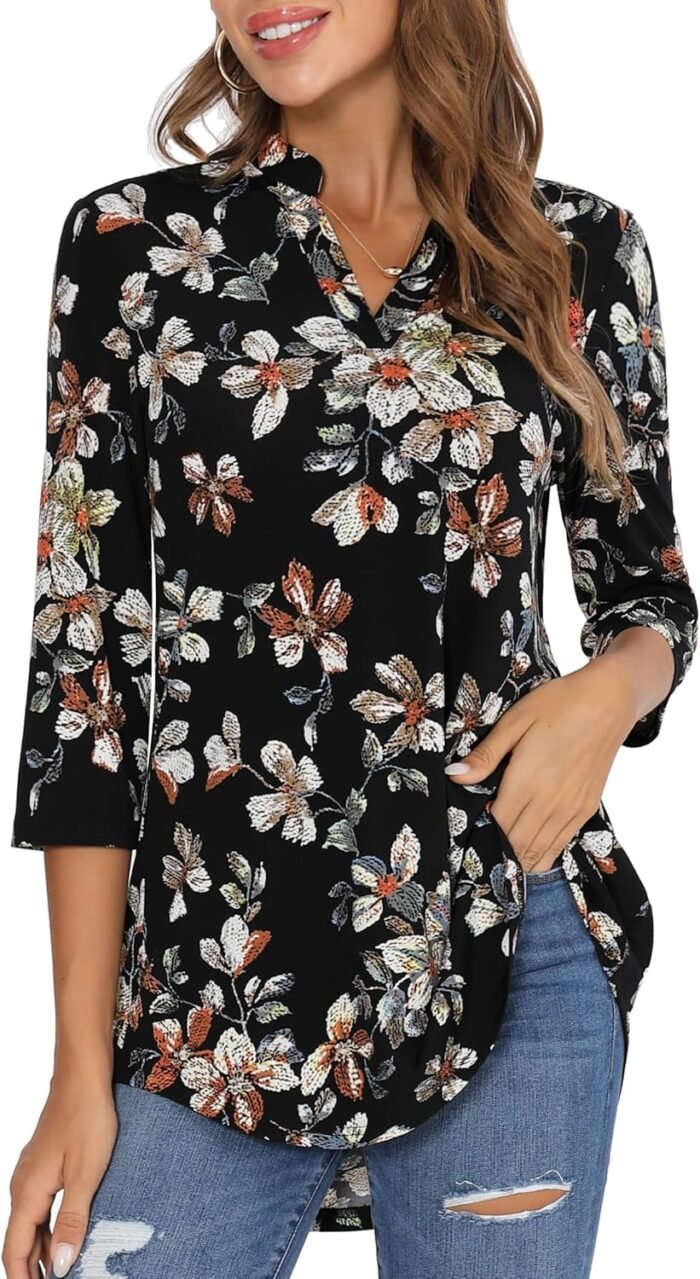 Boho Floral 3/4 Sleeve Notch V-Neck Top - Image 14