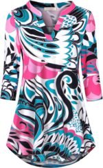 Boho Floral 3/4 Sleeve Notch V-Neck Top - Image 11
