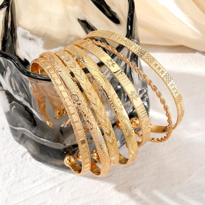 Gold Bangle Bracelets For Women, 14k Gold Plated Multi Layer Stackable Cuff Bracelet Set - Image 4