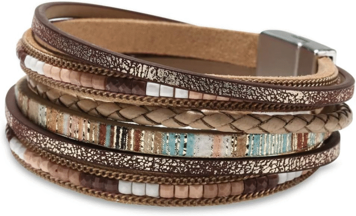 Boho Leopard Crystal Leather Wrap Bracelet – Multi-Layer Cuff - Image 2