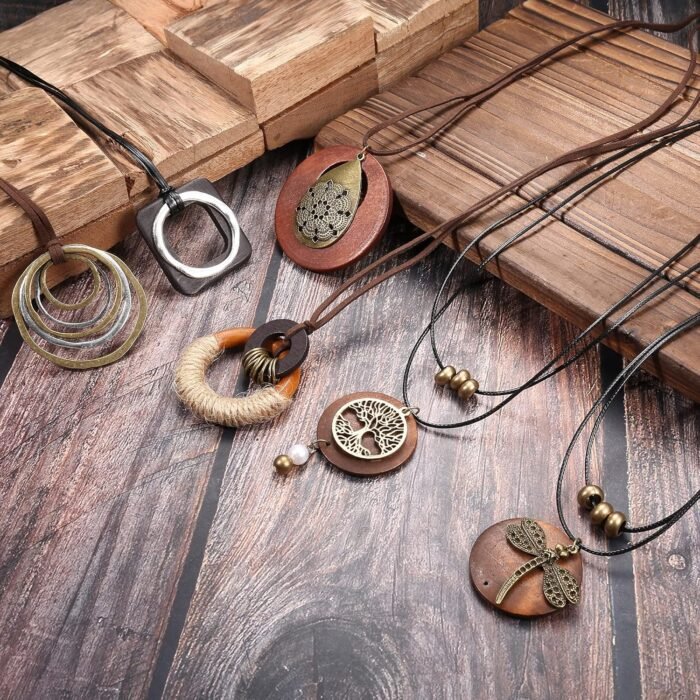 Boho Wooden Pendant Necklace Set – 6 Pcs - Image 8