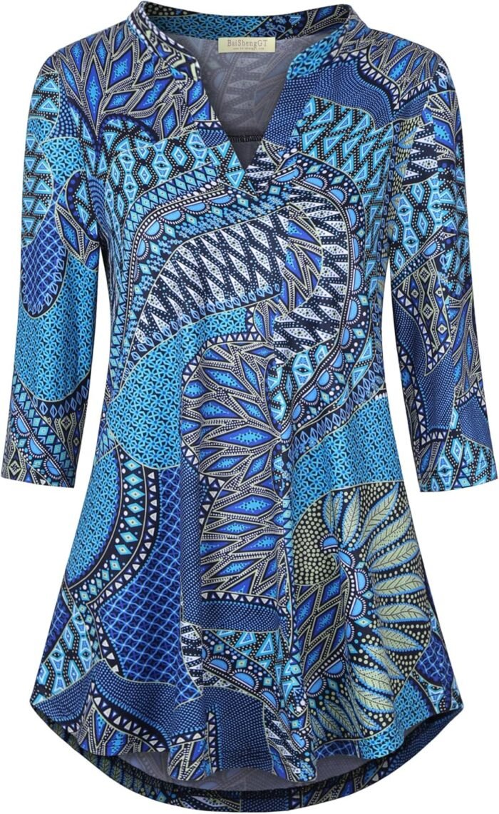 Boho Floral 3/4 Sleeve Notch V-Neck Top - Image 15