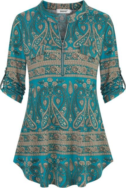 Chiffon Zip V-Neck Tunic – 3/4 Sleeve