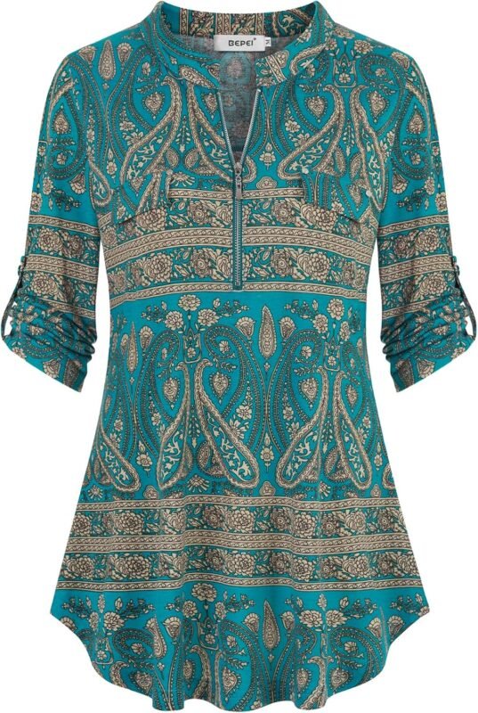 Chiffon Zip V-Neck Tunic – 3/4 Sleeve