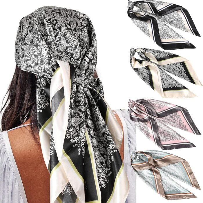 35" Satin Square Scarf Set (4-Pack) – Silk-Like Head & Neck Wraps - Image 23