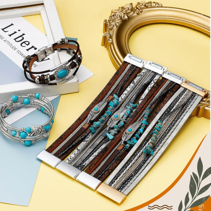 Turquoise Leather Boho Cuff Bracelet Set – 6 Pcs - Image 4