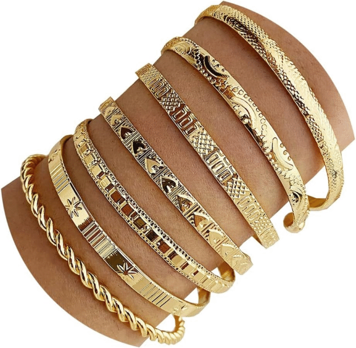 Gold Bangle Bracelets For Women, 14k Gold Plated Multi Layer Stackable Cuff Bracelet Set - Image 1